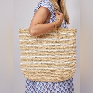 Hat Attack Stella Stripe Tote Large Woven Paper Straw Beach Bag Leather Straps